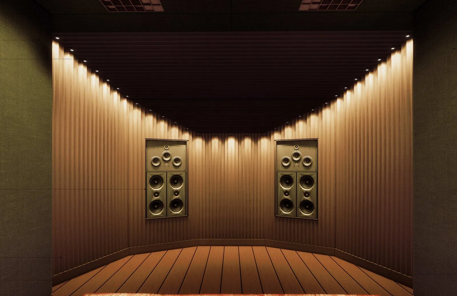 Render of the live room: fluted timber walls, concealed lighting and a pair of speaker arrays.