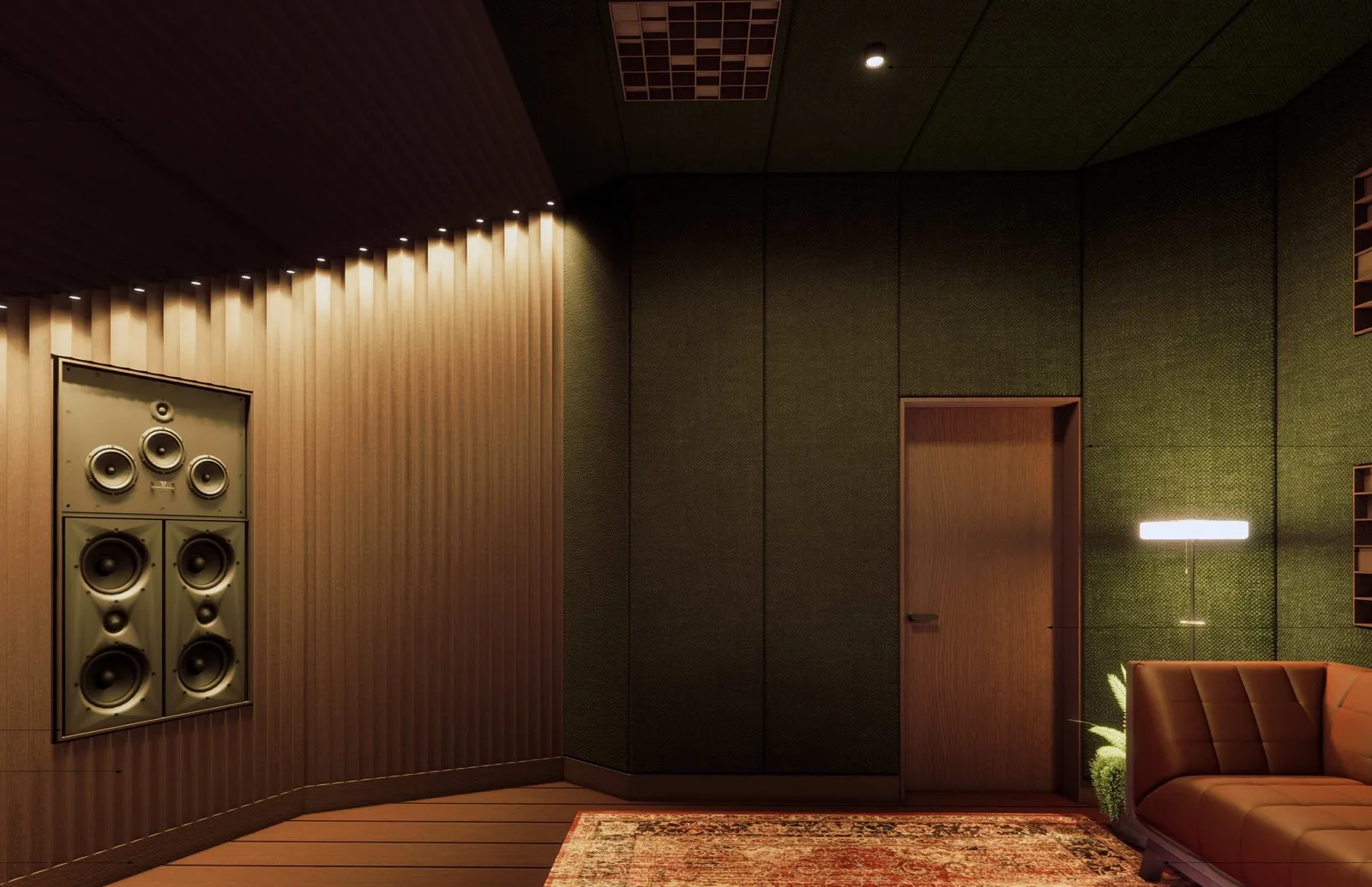 Render of the studio interior: timber and fabric walls, a timber door and lounge seating.
