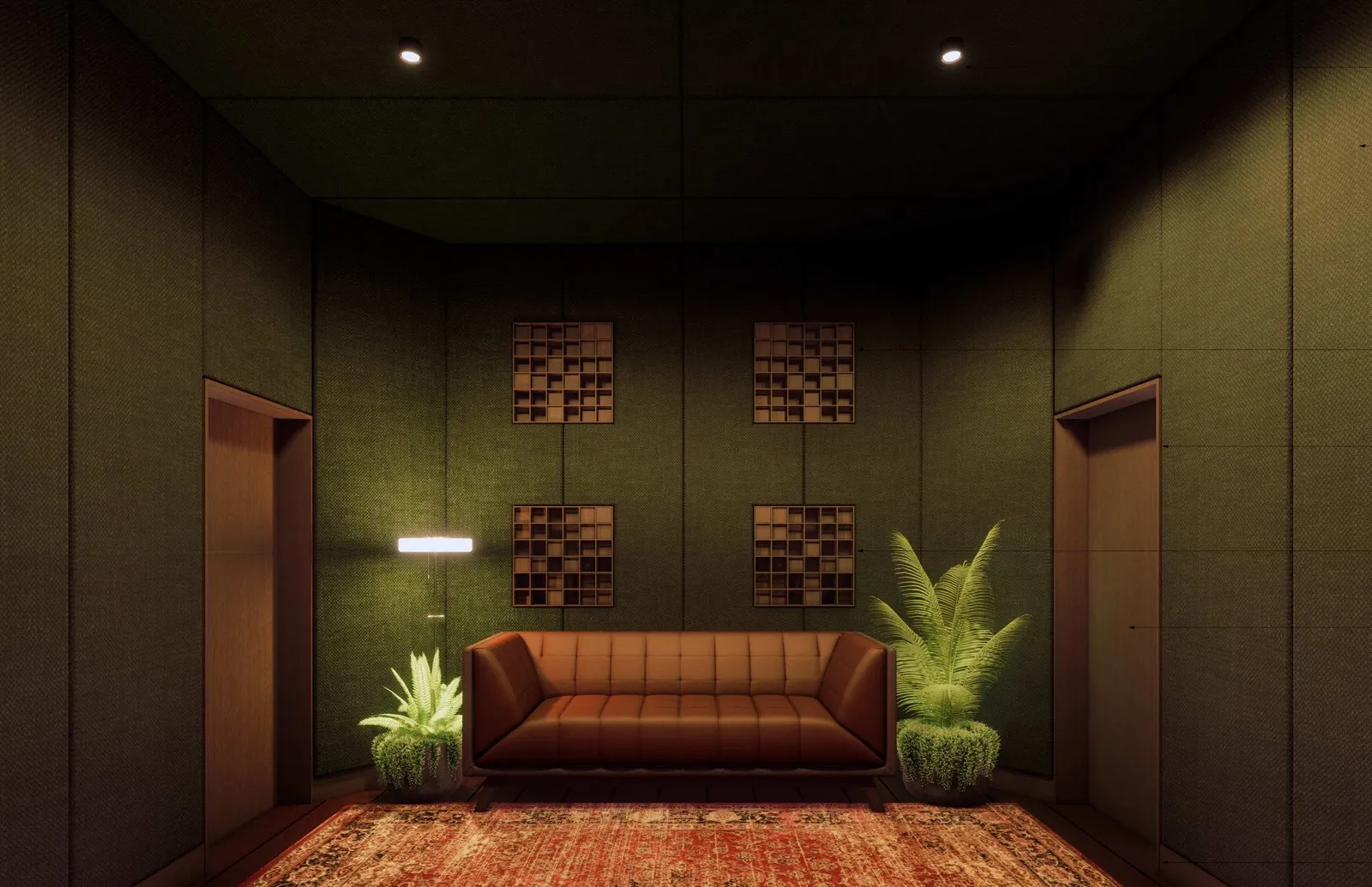 Render of the lounge: fabric walls, timber diffusers and a leather sofa.